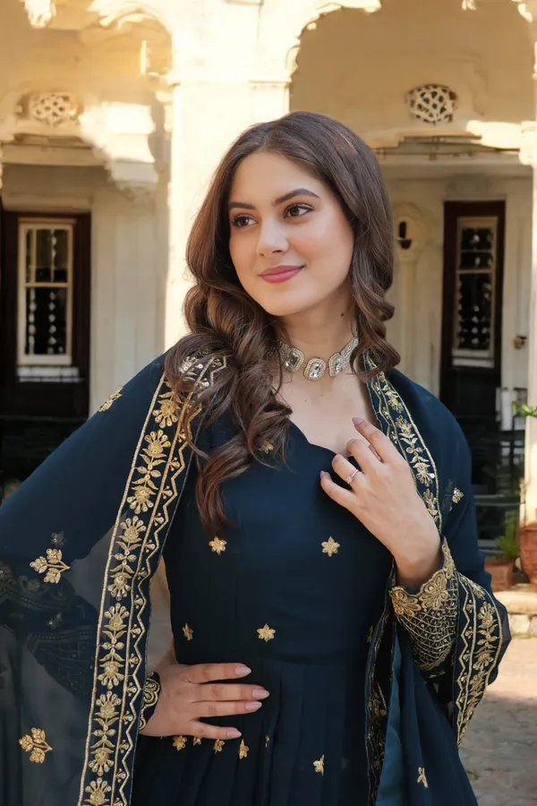Blue_Faux_Blooming_Georgette_Embellished_Sequins_Work_Wedding_Wear_Gown_With_Matching_Dupatta_For_Women