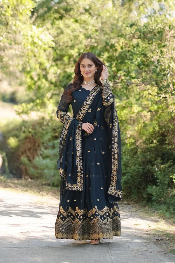Blue_Faux_Blooming_Georgette_Embellished_Sequins_Work_Wedding_Wear_Gown_With_Matching_Dupatta_For_Women