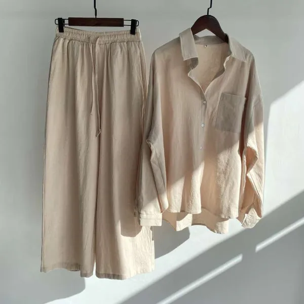 Beige_Fashionable_Slacks_High_Waist_Cotton_Shirt_Suit_For_Women