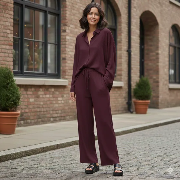 Purple_Fashionable_Slacks_High_Waist_Cotton_Shirt_Suit_For_Women