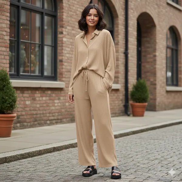 Beige_Fashionable_Slacks_High_Waist_Cotton_Shirt_Suit_For_Women