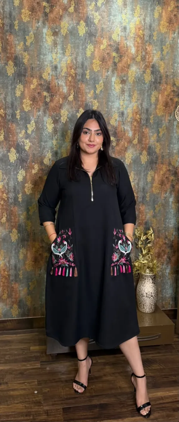 Black_Embroidered_Bird_Motif_Zip-Neck_Dress