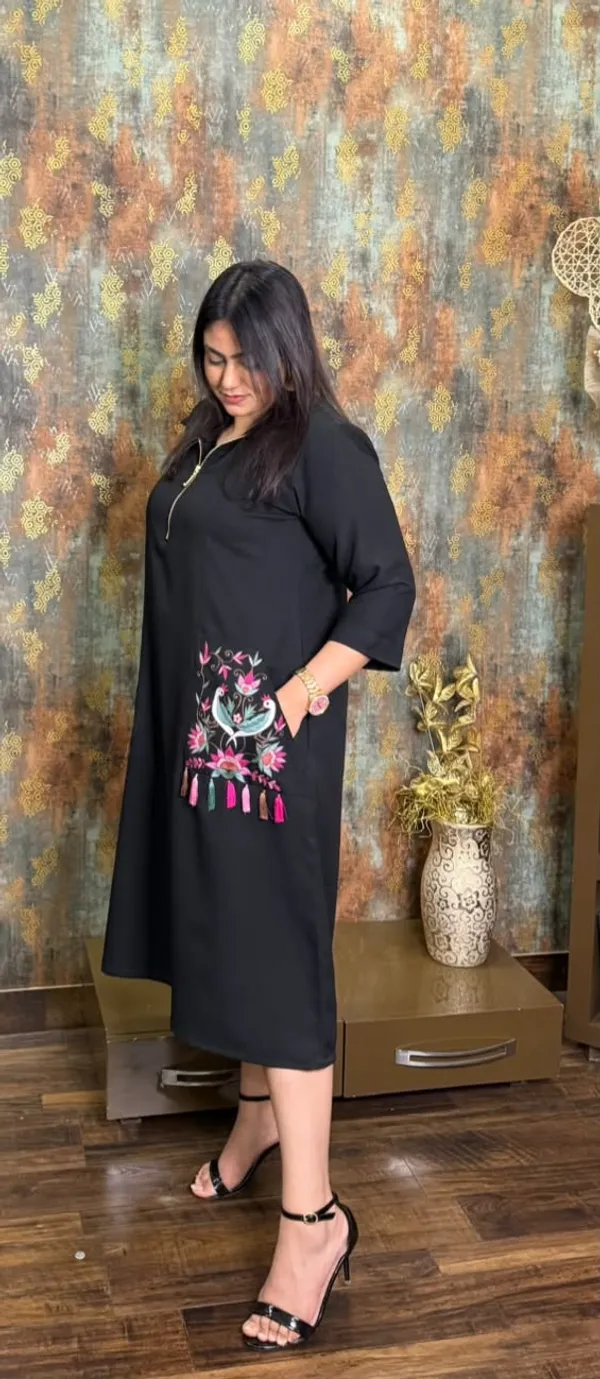 Black_Embroidered_Bird_Motif_Zip-Neck_Dress