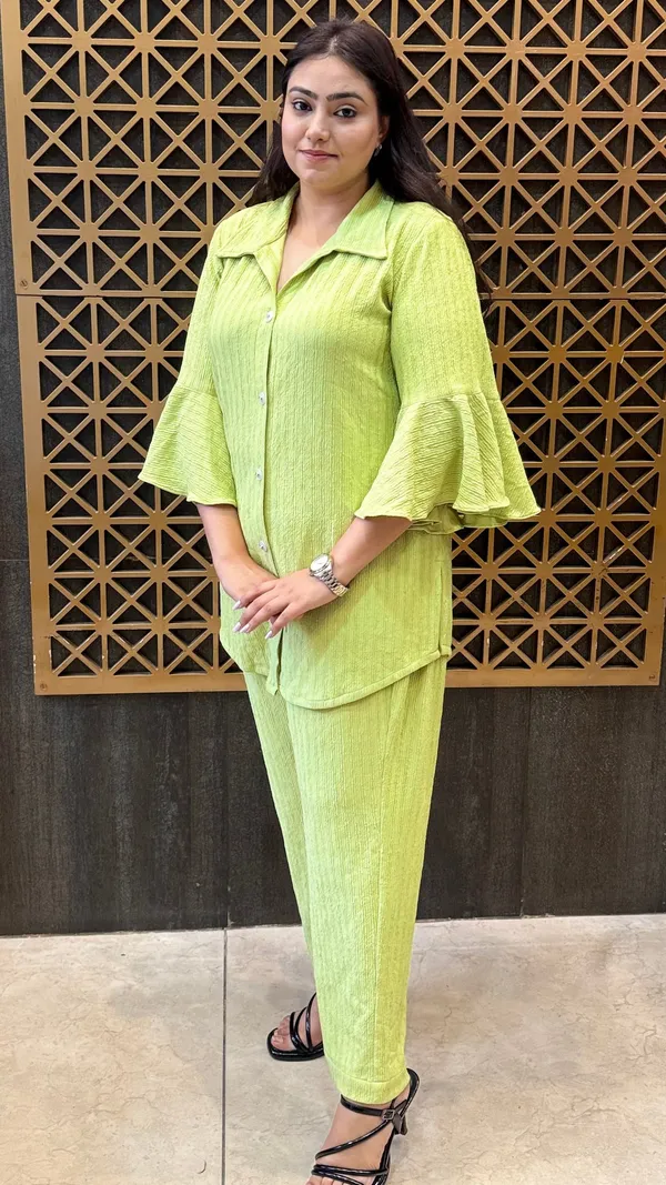 Lime_Green_Crushed_Stretchable_Lycra_Ruffle_Sleeve_Co-Ord_Set_For_Women