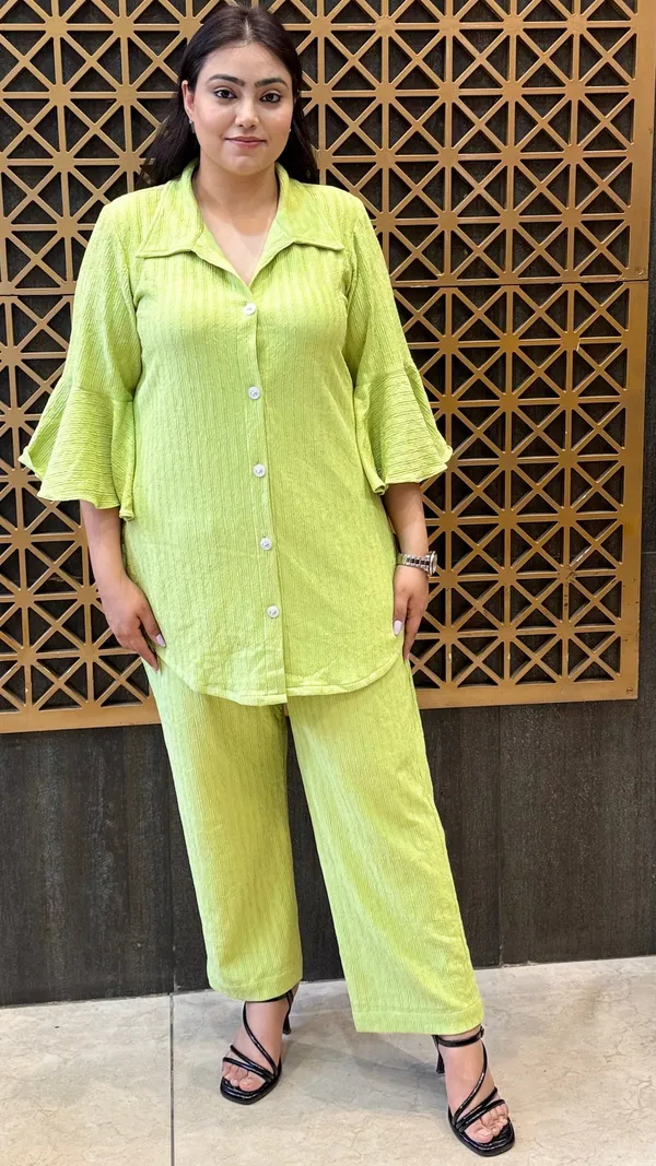 Lime_Green_Crushed_Stretchable_Lycra_Ruffle_Sleeve_Co-Ord_Set_For_Women