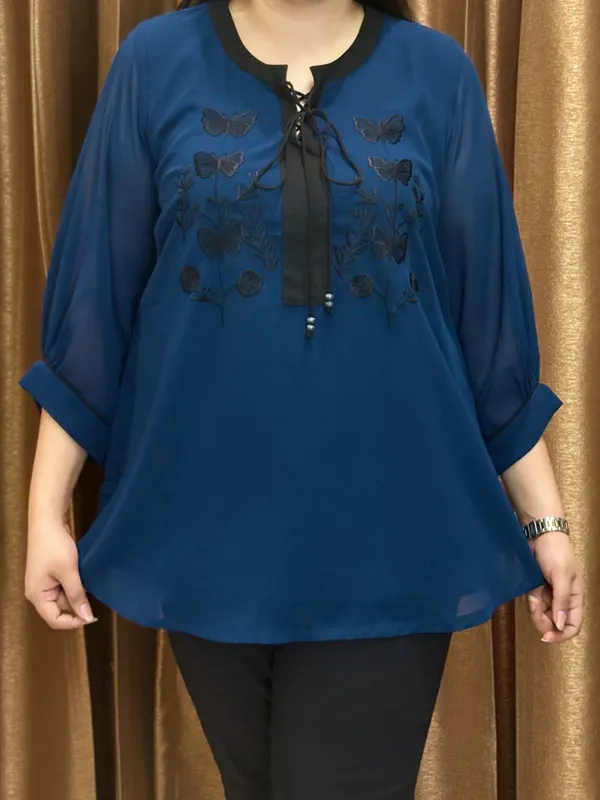 Navy_Blue_With_Black_Thread_Work_And_Front_Knot_For_Women
