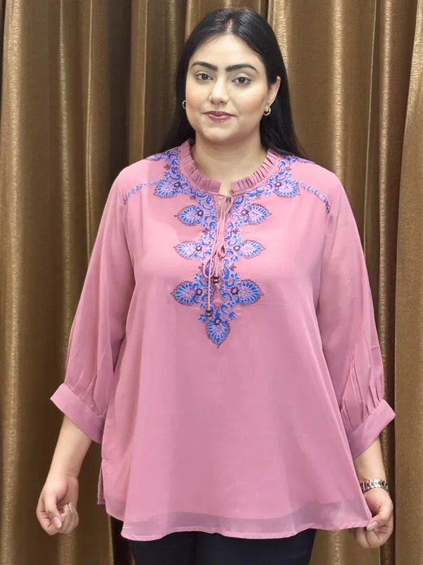 Pink_Top_With_Blue_Thread_Work_And_Front_Knot_For_Women