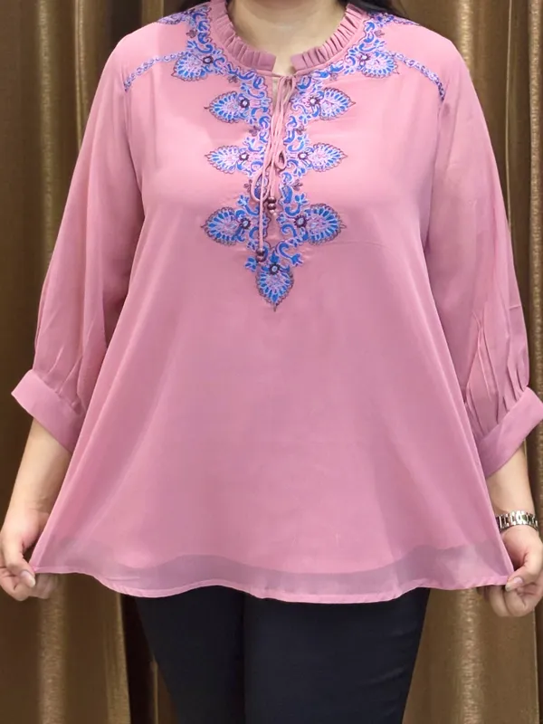 Pink_Top_With_Blue_Thread_Work_And_Front_Knot_For_Women