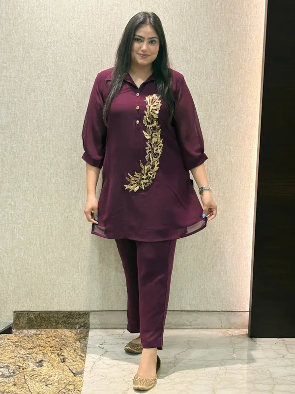 Wine_Co-Ord_Set_With_Handwork_For_Women