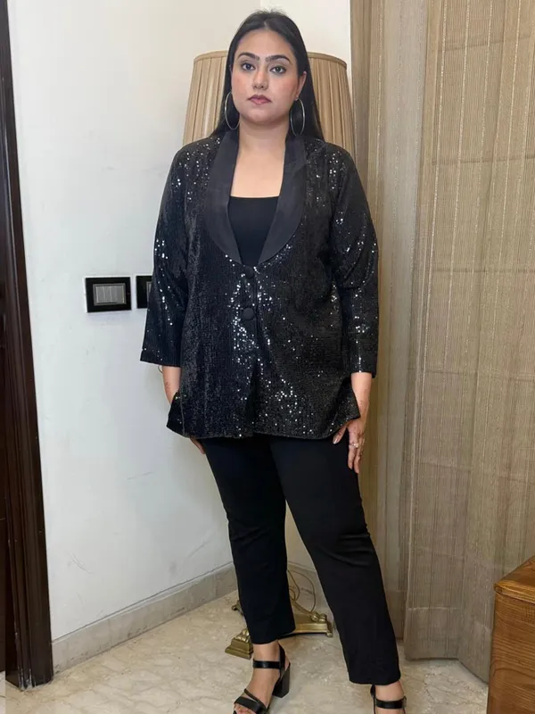 Black_Soft_Sequin_Blazer_For_Women