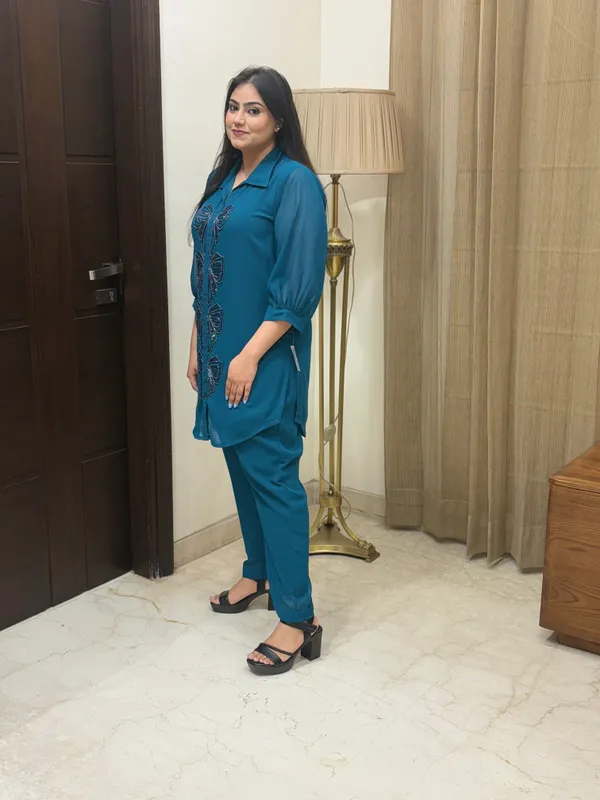 Teal_Blue_Co-Ord_Set_With_Hand_Work_For_Women