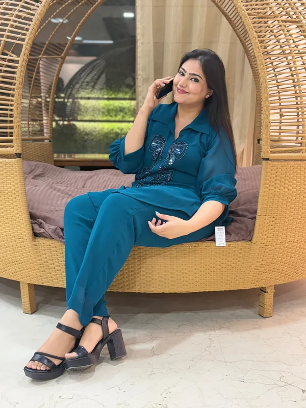 Teal_Blue_Co-Ord_Set_With_Hand_Work_For_Women