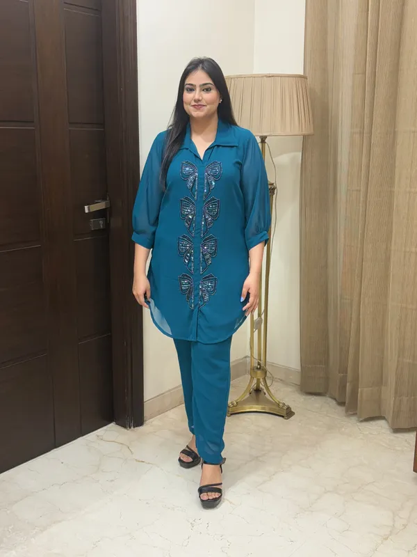 Teal_Blue_Co-Ord_Set_With_Hand_Work_For_Women