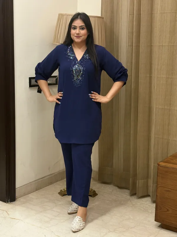 Navy_Blue_Co-Ord_Set_With_Hand_Work_For_Women