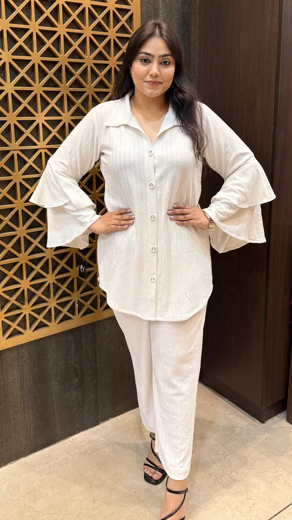 White_Crushed_Stretchable_Lycra_Ruffle_Sleeve_Co-Ord_Set_For_Women