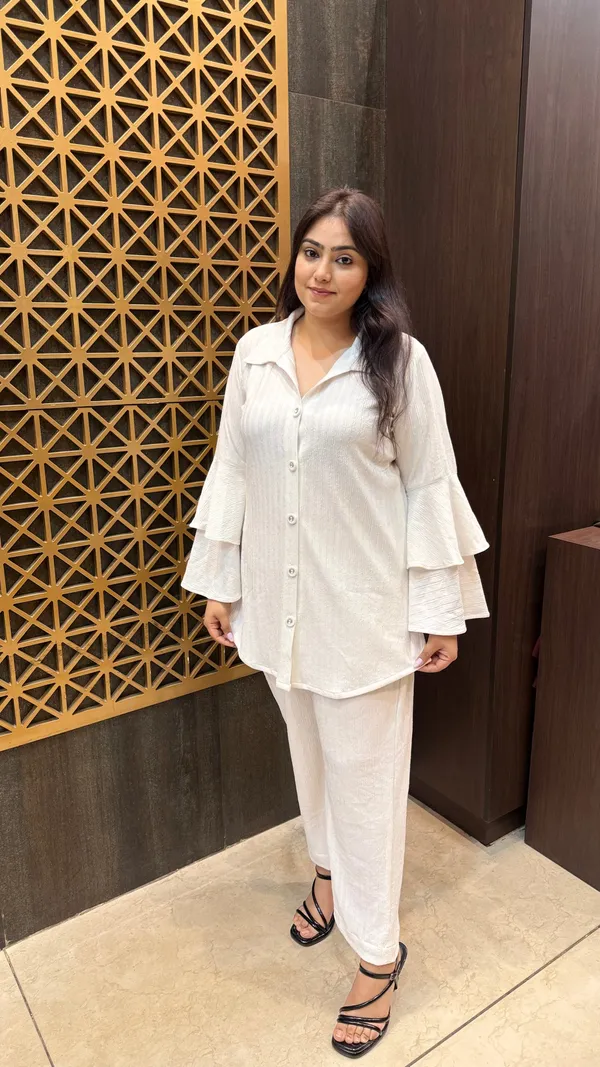 White_Crushed_Stretchable_Lycra_Ruffle_Sleeve_Co-Ord_Set_For_Women