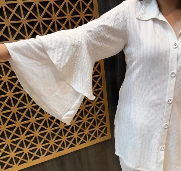 White_Crushed_Stretchable_Lycra_Ruffle_Sleeve_Co-Ord_Set_For_Women