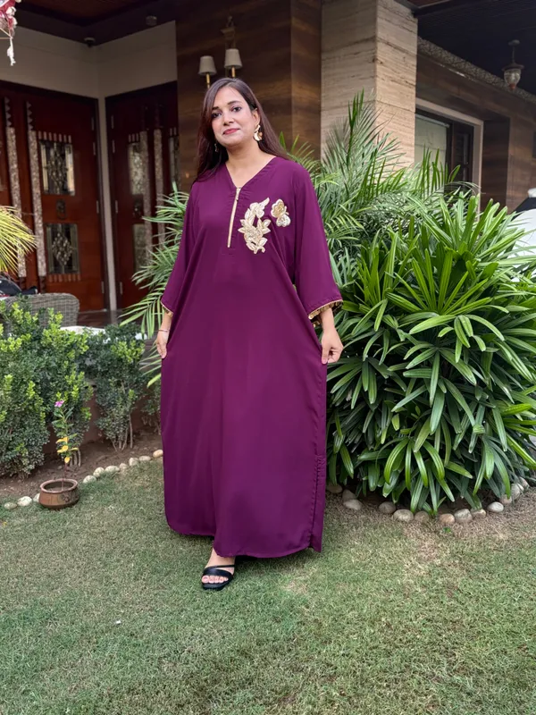 Wine_Front_Zip_Style_Dress_With_Handwork_For_Women