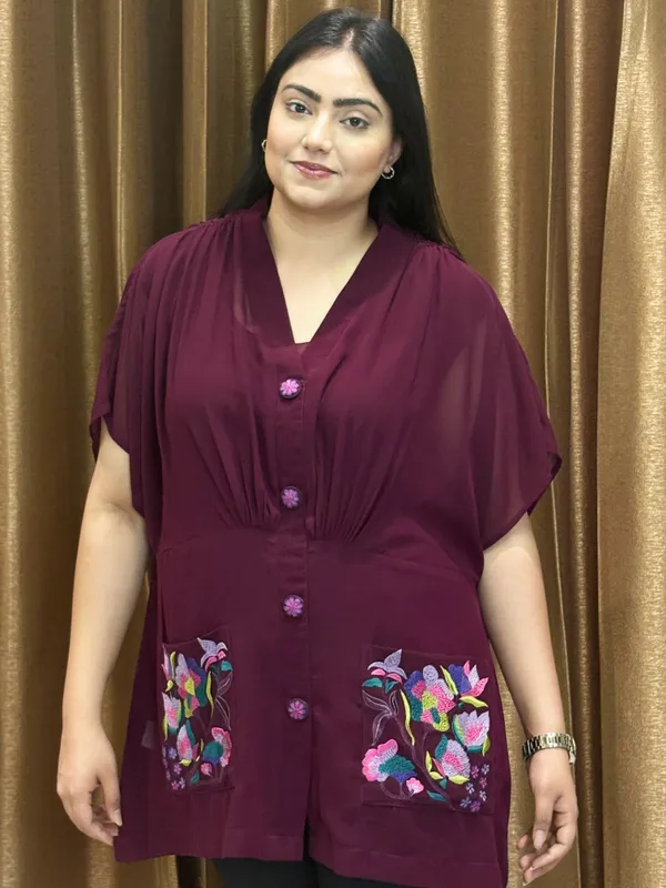 Wine_Shirt_Style_Top_With_Inner,_Down_Shoulder_With_Thread_Work_On_Pockets_For_Women