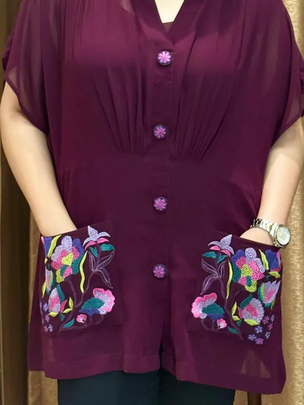 Wine_Shirt_Style_Top_With_Inner,_Down_Shoulder_With_Thread_Work_On_Pockets_For_Women