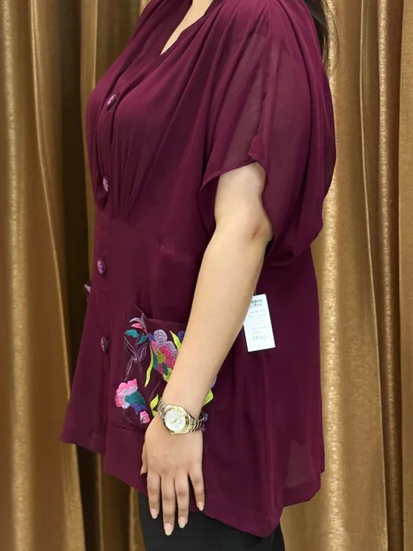 Wine_Shirt_Style_Top_With_Inner,_Down_Shoulder_With_Thread_Work_On_Pockets_For_Women