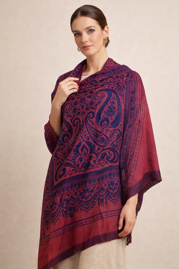 Blue_And_Deep_Pink_Wool_With_Viscose_Soft_Kashmiri_Paisley_Design_Shawl_For_Women