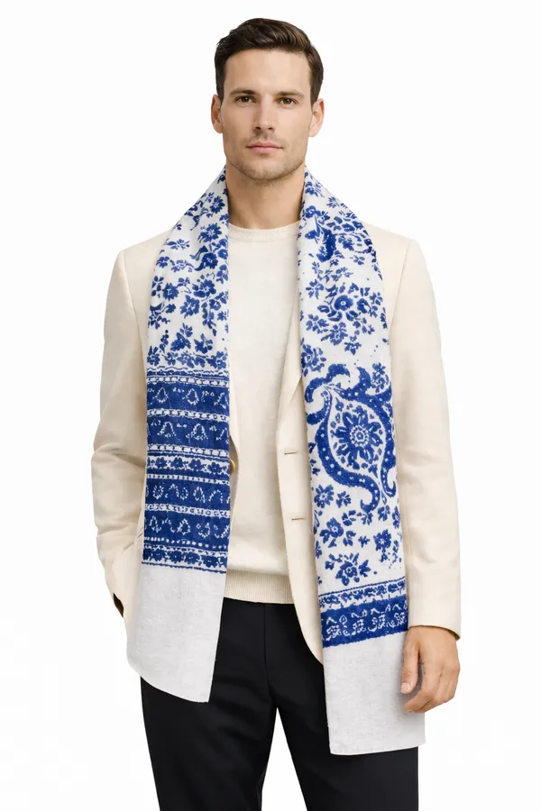 Blue_And_White_Wool_With_Viscose_Soft_Kashmiri_Paisley_Design_Shawl_For_Men