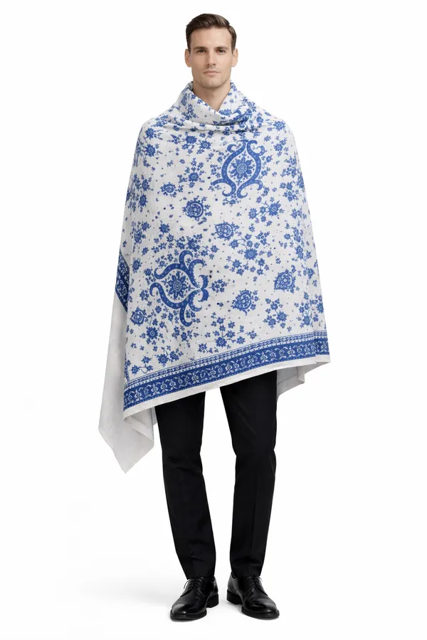 Blue_And_White_Wool_With_Viscose_Soft_Kashmiri_Paisley_Design_Shawl_For_Men