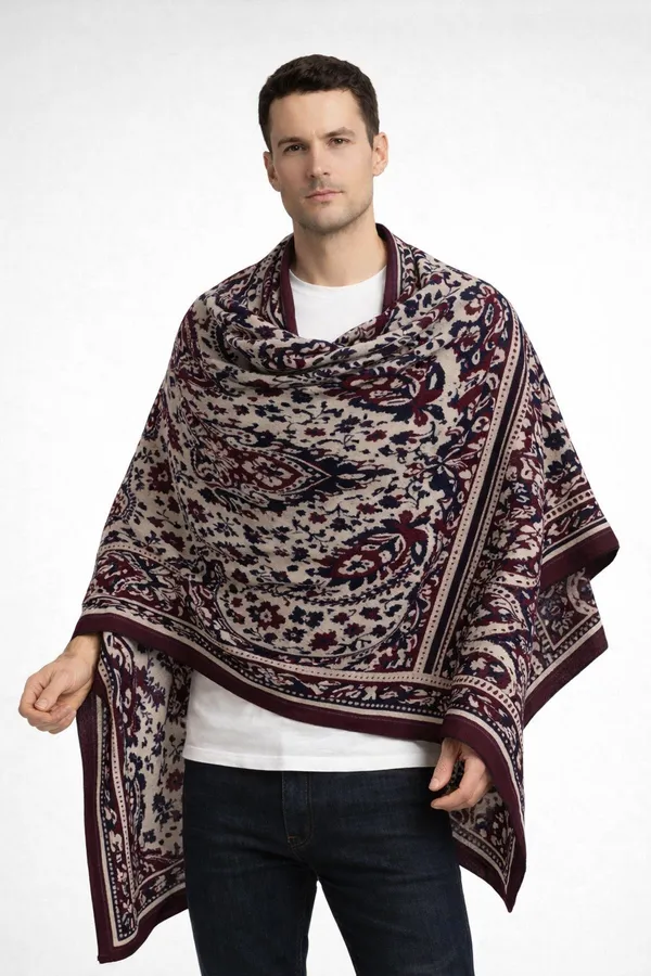 Blue_And_Maroon_Wool_With_Viscose_Soft_Kashmiri_Paisley_Design_Shawl_For_Men