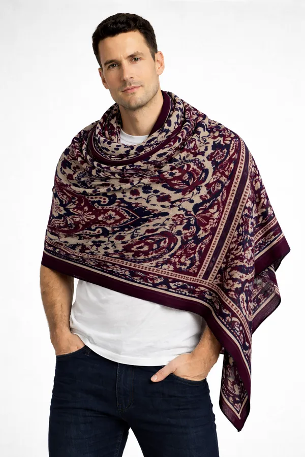 Blue_And_Maroon_Wool_With_Viscose_Soft_Kashmiri_Paisley_Design_Shawl_For_Men