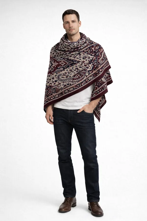 Blue_And_Maroon_Wool_With_Viscose_Soft_Kashmiri_Paisley_Design_Shawl_For_Men