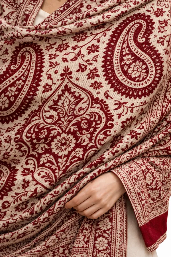 Maroon_And_White_Wool_With_Viscose_Soft_Kashmiri_Paisley_Design_Shawl_For_Women