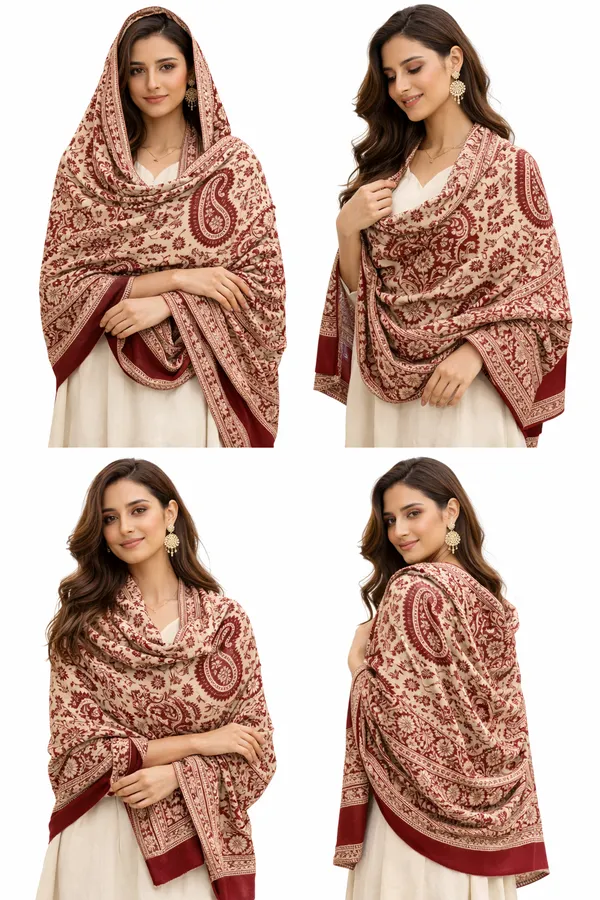 Maroon_And_White_Wool_With_Viscose_Soft_Kashmiri_Paisley_Design_Shawl_For_Women
