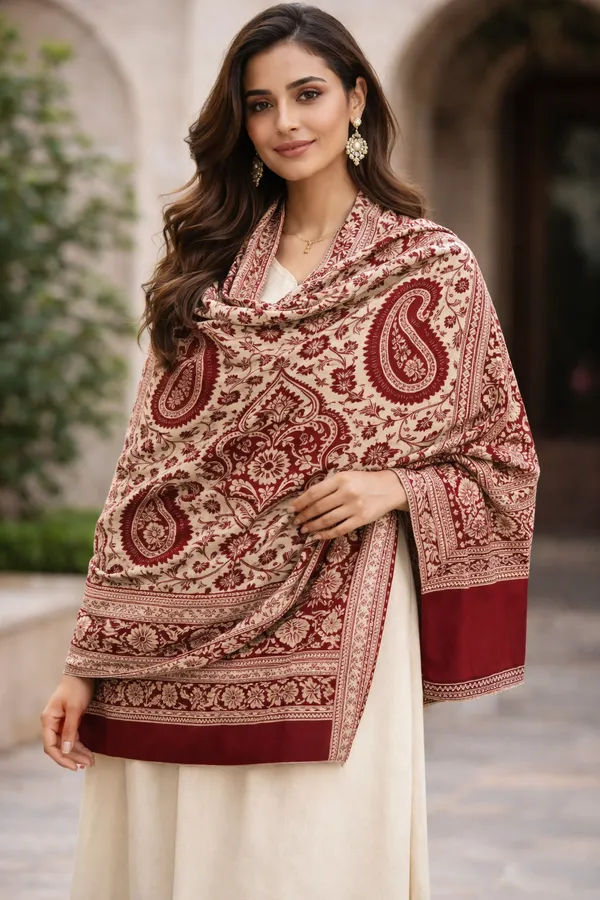 Maroon_And_White_Wool_With_Viscose_Soft_Kashmiri_Paisley_Design_Shawl_For_Women