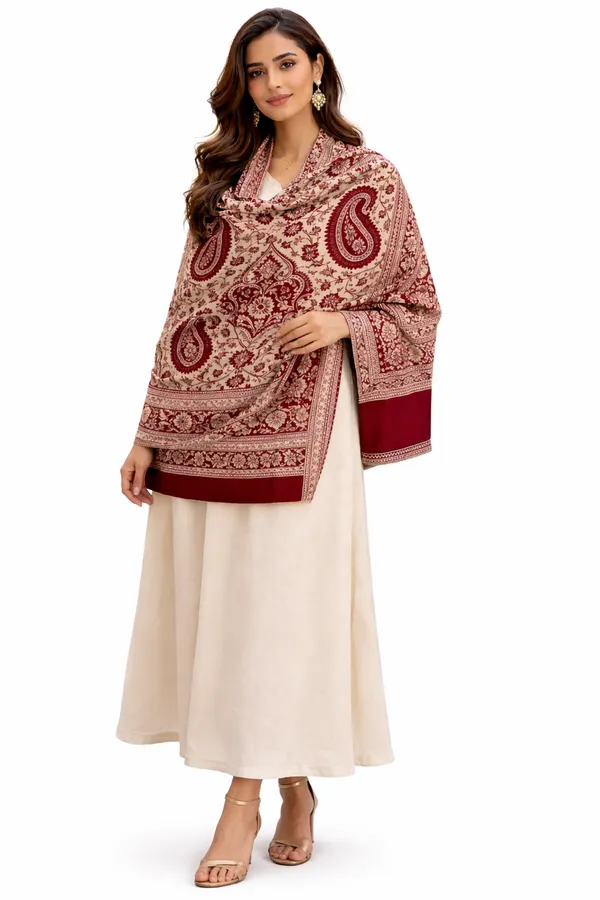 Maroon_And_White_Wool_With_Viscose_Soft_Kashmiri_Paisley_Design_Shawl_For_Women