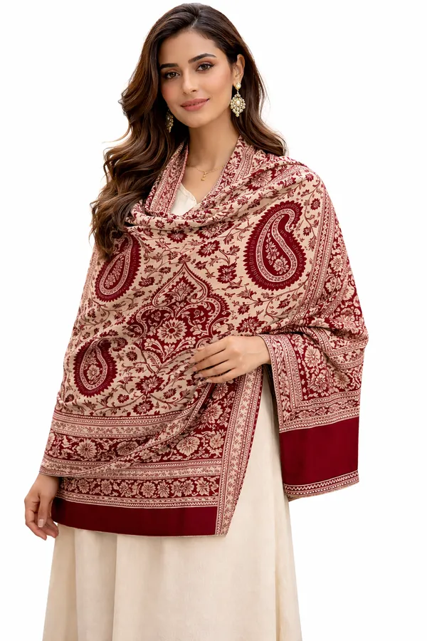 Maroon_And_White_Wool_With_Viscose_Soft_Kashmiri_Paisley_Design_Shawl_For_Women