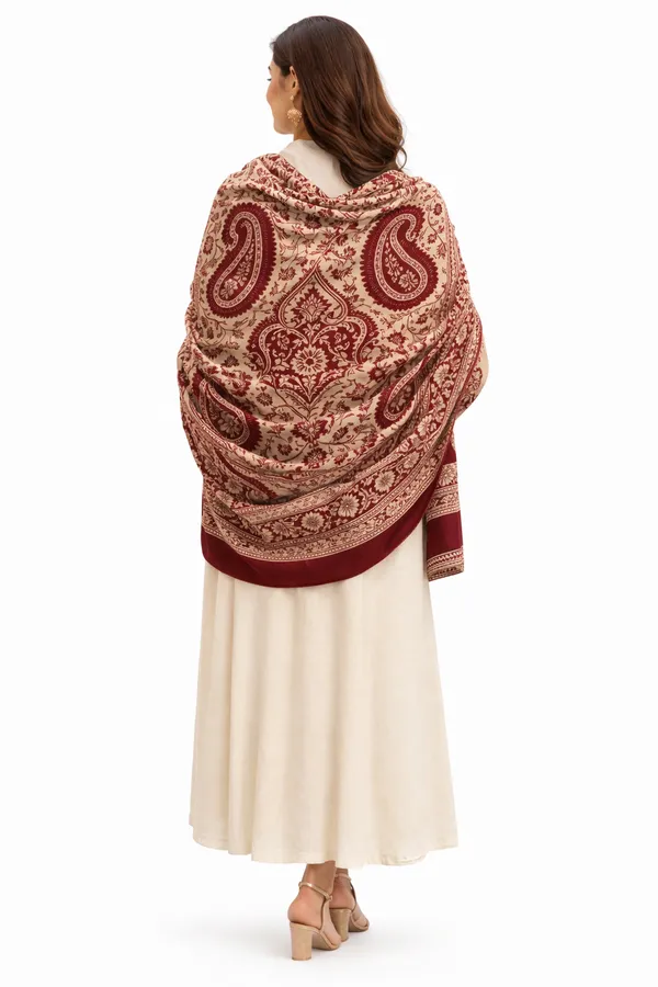 Maroon_And_White_Wool_With_Viscose_Soft_Kashmiri_Paisley_Design_Shawl_For_Women