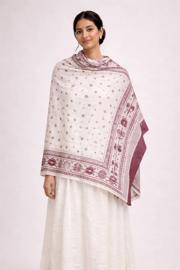 Maroon_And_White_Wool_With_Viscose_Soft_Story_Shawl_For_Women
