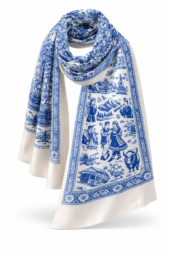 Blue_And_White_Wool_With_Viscose_Soft_Story_Shawl_For_Women
