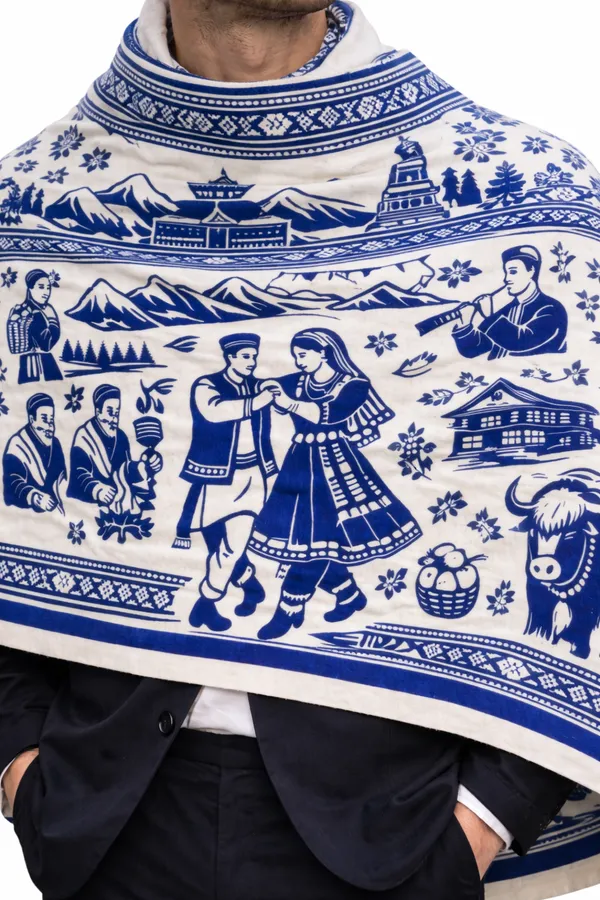 Blue_And_White_Wool_With_Viscose_Soft_Story_Shawl_For_Women