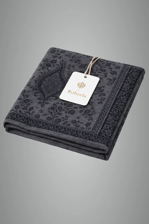 Black_Wool_With_Viscose_Soft_Kashmiri_Paisley_Design_Shawl_For_Men