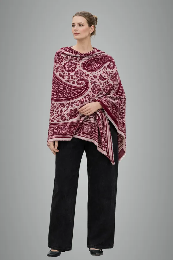 Maroon_And_White_Wool_With_Viscose_Soft_Kashmiri_Paisley_Design_Shawl_For_Women