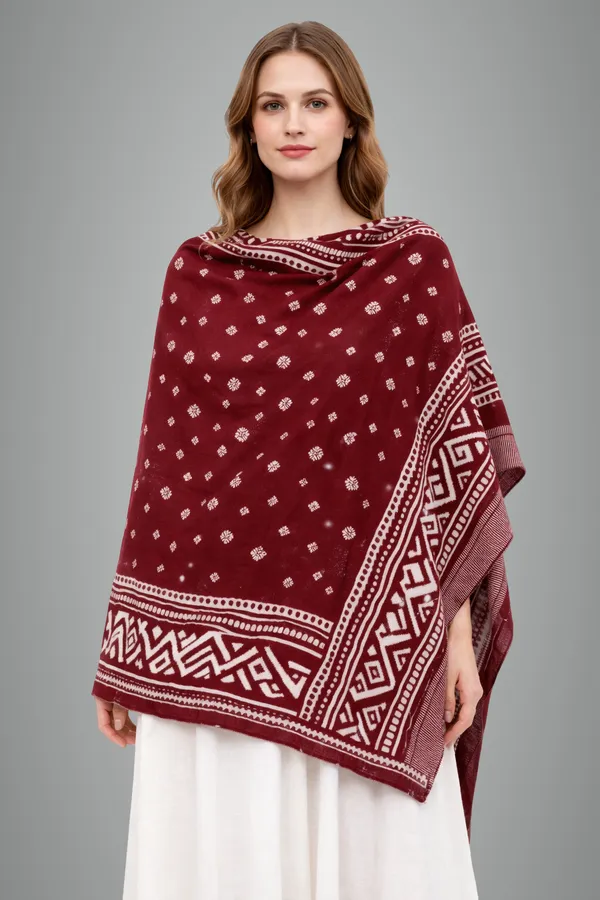 Maroon_And_White_Wool_With_Viscose_Soft_Ethnic_Shawl_For_Women