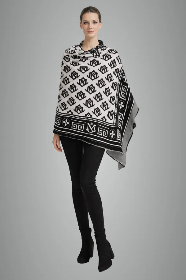 White_And_Black_Wool_With_Viscose_Soft_Monogram_Theme_Shawl_For_Women