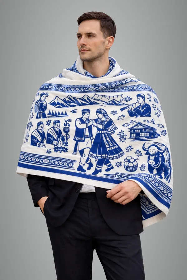 Blue_And_White_Wool_With_Viscose_Soft_Story_Shawl_For_Women