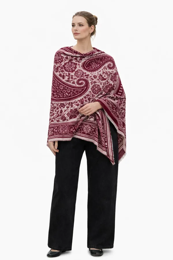 Maroon_And_White_Wool_With_Viscose_Soft_Kashmiri_Paisley_Design_Shawl_For_Women