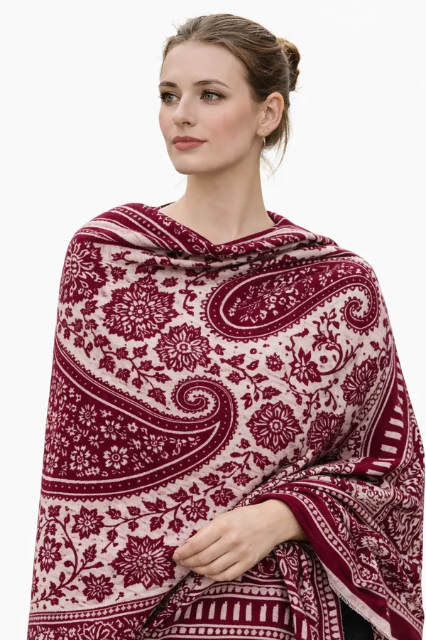 Maroon_And_White_Wool_With_Viscose_Soft_Kashmiri_Paisley_Design_Shawl_For_Women