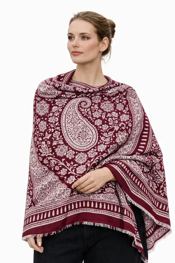 Maroon_And_White_Wool_With_Viscose_Soft_Kashmiri_Paisley_Design_Shawl_For_Women