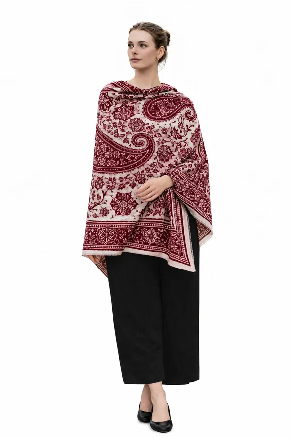 Maroon_And_White_Wool_With_Viscose_Soft_Kashmiri_Paisley_Design_Shawl_For_Women