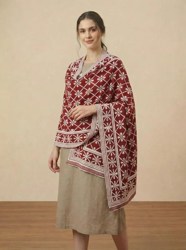Red_And_White_Wool_With_Viscose_Soft_Ethnic_Shawl_For_Women